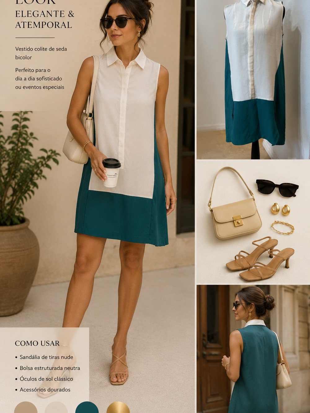 Sleeveless Bicolor Shift Dress - Cream & Teal